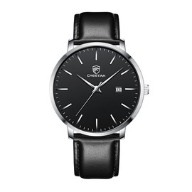 CHEETAH Minimalist Waterproof Quartz Watches for Men with Silver-Tone Case, Auto Date, Leather Strap in Black