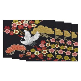 Moslion Japanese Crane Placemats Asian Oriental Heron Bird Colorful Floral Branch Clouds Table Placemats for Dinning Table Washable Cotton Linen 12x18 Inch, Set of 4