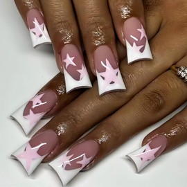 MERVF Duck Nails Press ons White French Tip Fake Nail Pink Star Design Y2K Duck Feet Medium Acrylic Manicure