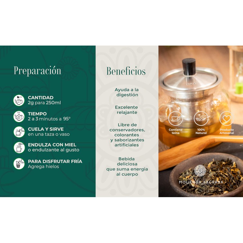Molienda Sagrada, Té Verde Jazmín, Infusión de Te verde en