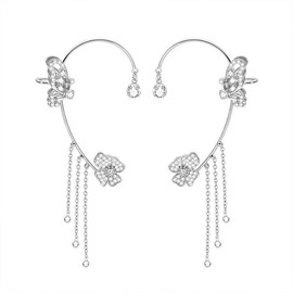 1 Pair Long Butterfly Flower Tassel Rhinestone Ear Cuff for Women Girls No Piercing Ear Clips Long Statement Earrings (Silver, One size)