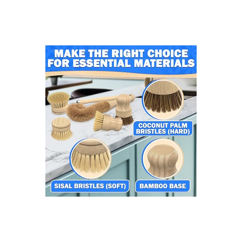5 Pcs Bamboo Dish Brush Set, Non-Scratch Bristles, Replacement Head