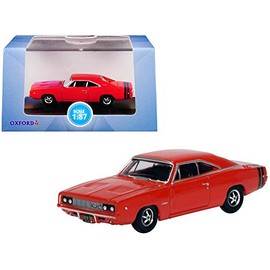 Oxford Diecast New 1968 Dodge Charger Bright Red with Black Stripes 1/87 (HO) Scale Diecast Model Car