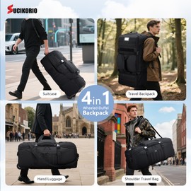 SUCIKORIO Tactical Travel Duffle Bag with Wheels and Handle 3 in 1 Large 85L XL Rolling Travelling Backpack Waterproof Oxford Carry On Hand Luggage Deployment Bags with Combination Padlock, Black