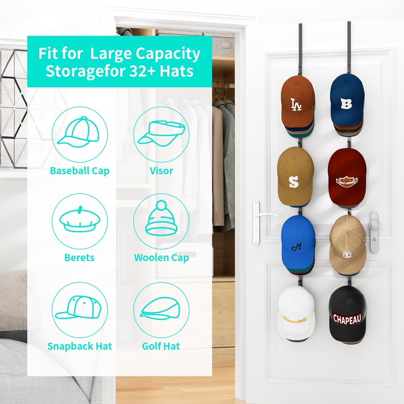 HapiRm Over Door Hat Rack - 2 Packs Hat Organizer