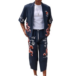 OLEMEK Men's Japanese Kimono Jacket Set Stylish Printed Open Front Cardigan Chinese Style Coat with Shorts Loose Fit Casual Suits Navy Blue M
