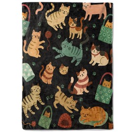coedoaes Cute Cat Fleece Blanket,50x60in,Playful Kitten Throw Yarn Totes Paw Prints on Black Blankets,Soft Cozy Lightweight, Ideal for Bed Living Room Home Decor,Pet Owners Kids Gifts
