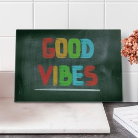 Ambesonne Chill Cutting Board, Colorful Chalk Writing on Blackboard Image Positivity Optimism and Happiness, Decorative Tempered Glass Cutting and Serving Board, Small Size, Multicolor