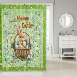 Easter Kids Shower Curtains,Cute Bunny Rabbit Easter Eggs Bathroom Curtains for Boys Girls,Butterfly Daisy Flowers Rustic Animal Green Waterproof Curtains,12 Hooks Suits,72" W x 84" L