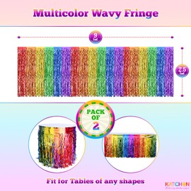 KatchOn, Rainbow Table Skirt - Pack of 2, Rainbow Fringe Curtain for Table | Multicolor Fringe Curtain for Hawaiian, Summer, Luau, Carnival, Birthday Party Decorations | Back to School Decorations