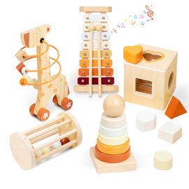 Smartwo Montessori Toys Set for 1-3 Year Old,Babies Learning Educational Wooden Toys for Bead Maze,Xylophone,Shape Sorting,Stacker Ring,Rolling Rattle,Gift for Toddlers Boys Girls 3+