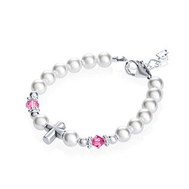 Baptism Sterling Silver Cross Bead with European White Simulated Pearls Pink Crystals Baby Bracelet (BSCHP_L)