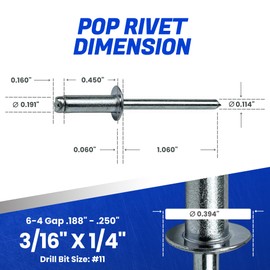 Fastenere Pop Rivets - 3/16" x 1/4" (100 pcs) Heavy Duty, Open-End, Low Carbon Steel, Dome-Head Blind Rivets, Corrosion-Resistant & High Shear Strength, 6-4 Gap 0.188"-0.250"
