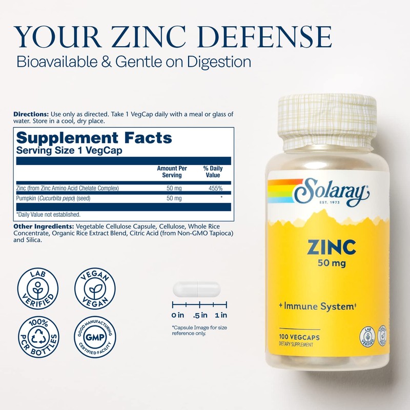Solaray Zinc 50mg Immune Support Capsules, 100 Count, Vegan, Pumpkin