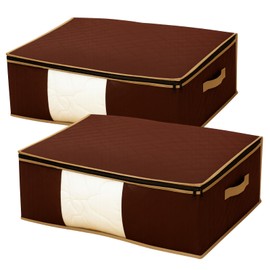 Futon Storage Bag, Set of 2, Breathable, 3 Layers, Thick, Non-woven Fabric, Activated Carbon Sheet, Innico Life, Bulky, Compact, Storage, Single to Double Sizes, Clear Window, With Handles, Wide Opening, Top Zipper, Folds When Not In Use (Brown, No Core)