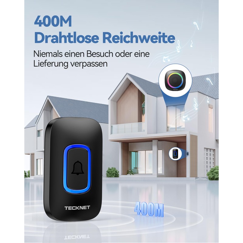 TECKNET Wireless Bell, 400 m Wireless Range Doorbell Set with
