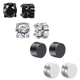 HENGYID 4 Pairs Stainless Steel Magnetic Stud Earrings for Men Women CZ Magnet Non Pierced Clip On Earrings Set 6MM