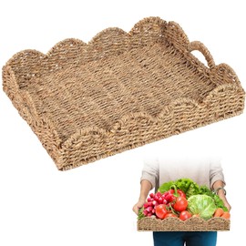 Scalloped Basket, Scalloped Tray, Seagrass Tray(17" x 13" x 3") with Scalloped Edge and Built-in Handles, Rectangle Serving Tray/Rattan Tray/Wicker Tray/Woven Tray/Basket Tray/(Seagrass - 1 PCS)