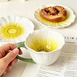 ONEUSTAR Ceramic Flower Shaped Tea Cup and Saucer Set, Yellow, 10 oz