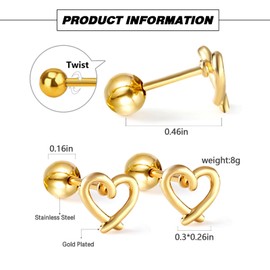 Gold Herz Ohrstecker, WGXIA Kleine Liebe Herzen Schraube Runde Rückseite Ohrringe Edelstahl Antiallergisch Ohrringe Schmuck für Frauen und Mädchen (Hohl-Gold)
