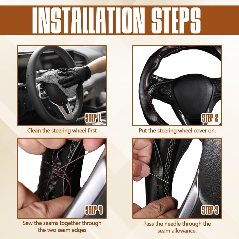 HEVLE Leather Steering Wheel Cover Lace Up, Stitch On Wrap,