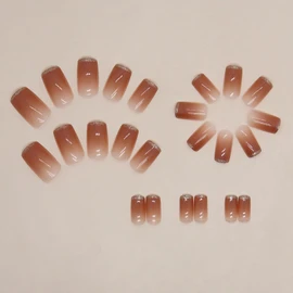 Nail Tips, Short, 24 Pieces, Nail Tips, Brown Color, Gradient, Silver Edge, Popular, Japanese Style, Cute, Simple, Fashionable Party, Autumn, Spring, Summer, Daily Life, Bridal Nail Design, Coming of
