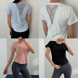 Cool Back Asymmetrical Cover Mesh Short Sleeve Semi-Slim Yoga & Gym Top Cool Back Asymmetrical Cover Top (Sky Blue)/S