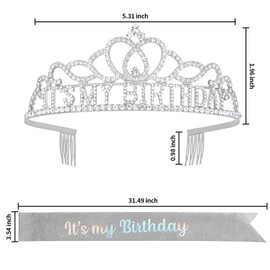 Norbiariz Birthday Crown and Sash Set for Women, Silver Birthday Party Decorations Gifts Crystal It's My Birthday Tiara