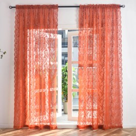 FINECITY Burnt Orange Lace Curtains 72 Inch Length for Bedroom, Vintage Rustic Leaf Floral Pattern Rust Orange Fall Sheer Curtains, Rod Pocket Privacy Sheer Window Curtains, 52 x 72 Inch, 2 Panels