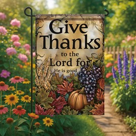 Saoplasa Thanksgiving Garden Flag Give Thanks Christian Autumn Banner 12x18 Inch Double Sided Outdoor Yard Flag for Fall Harvest Pumpkin Leaves Religious Inspirational Decor
