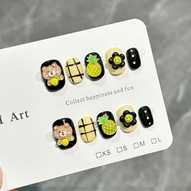 Handmade Children's Cute Cat Hand-Painted Plaid 3D Color Block Press-On Nails Press-On M / Pineapple Little Bear - Kids Set 20ea