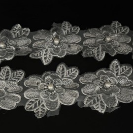 1 Yard Flower Lace Trim Flowers with Pearl Beads Embroidered Edge Trim Fabric Floral Appliques Lace Ribbon for Wedding Dress Clothes Decoration DIY Handmade Sewing Craft (Gray)