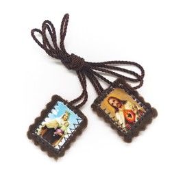 Catholic Scapular Brown Wool Rectangular Icon Handmade Sacred Heart of Jesus with Our Lady Mt Carmel by Zaraleas (2cm x 2.5cm)