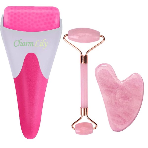 Rose Quartz & Ice Roller + Gua Sha Massager Tool Set for Face & Eyes by Charmlily, Puffiness, Reduce Wrinkle Aging, Migraine, Pain Relief on Neck & Body, Cold Facial Original Natural Stone - 3 in 1