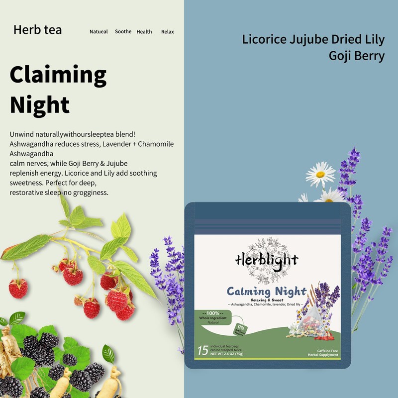 HerbLight 15 Night Calming Time Tea Bags, Sleep Tea For