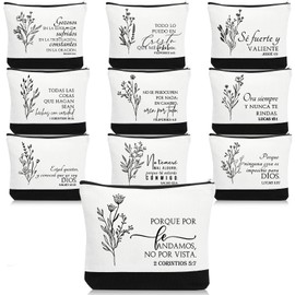 Huhumy 10Pcs Christian Gifts for Women Religious Cosmetic Bags Inspirational Bible Verse Pencil Pouch Canvas Makeup Bags Bulk with Zipper for Mother Sister Church Favors(Black,White,Spanish)