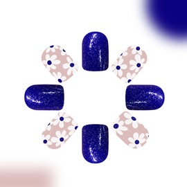 24Pcs Spring Summer Press on Nails Blue Square Fake Nails Short Acrylic Nails with Cute Flower Design Glitter Press on Nails Reusable Stick on Nails for Women and Girls Spring Summer Nail Art Decor