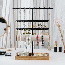 Gurajo Jewelry Organizer Stand, 3-in-1 Jewelry Storage Holder with Holes, Hooks, Tray, T-Bar Jewelry Tree Tower for Earrings, Rings, Bracelets, Necklaces