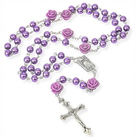 Kuesn Amethyst Catholic Rosary Necklace 6mm Purple Pearl Beads Rose Flower Cross Religious Necklace (Purple)