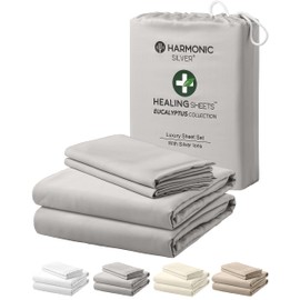 HARMONIC SILVER Eucalyptus Collection Queen Size Sheet w/Silver Ions | 100% Tencel | Ultra Soft | Cooling for Hot Sleepers | 18" Deep Pocket [Grey]