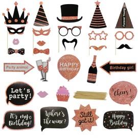 Andiker 30 Pccs Birthday Photo Booth Props, Rose Gold Happy Birthday Party Decoration DIY Funny Photobooth Sign Kits Include Lipstick