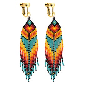 Clip on Dangling Earrings Long Tassel Beaded Boho Stripe Bohemian Earrings No Pierced Seed Bead Tribal Drop Jewelry for Women Party Yellow Blue pink Green Black