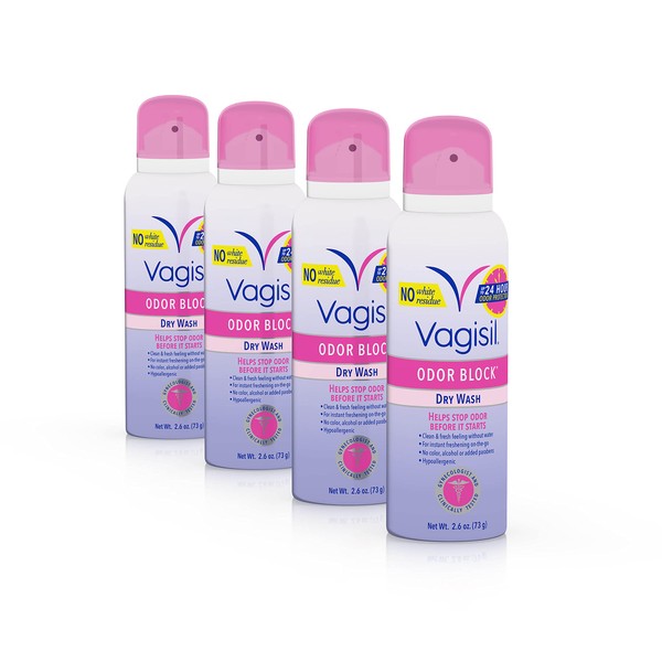 Vagisil Odor Block Dry Wash Spray for Feminine Hygiene, Gynecologist Tested, Hypoallergenic, 2.6 Ounces (Pack of 4)