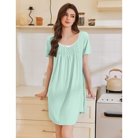 Ekouaer Nightgowns for Women Pleated Sleep Shirts Short Sleeve Night Shirts Lace Trim Night Gown Ladies Sleep Dress Light Green