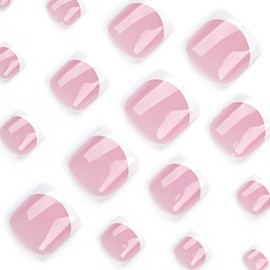 24 Pcs French Full Cover Fake Toe Nails with Glue - Pink French Tips Press On Toenails for Women - Short False Toe Nails - ToeNail Decorations