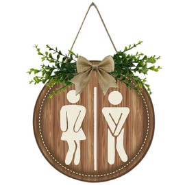 AIMALL Wooden Bathroom Gender Sign Farmhouse Decorative Wall Hanging Rustic Toilet Sign 9 x 9 Inches Wooden Plaque with Greenery and Bowknot