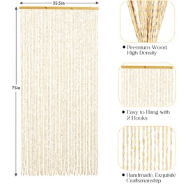 HYVAKUPPA 35.5" x 75" Bamboo and Wood Beaded Curtain for Doorway 52 Strands Handmade Bohemian Door Beads Curtain Boho Hanging Room Divider for Bedroom Living Home Deco, Beige