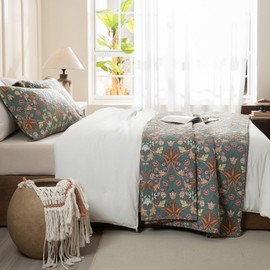 Sanracie Oversized King Quilt 120"x120",100% Cotton Luxury Flowers Plant Pattern Botanical Printed Bedspreads 3Pcs Soft Lightweight Aesthetic Quilt Bedding Set for All Season