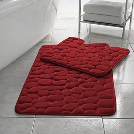 Memory Foam Bath Mat 2 Piece Set Pebbles Non Slip Pedestal and Bath Mat Toilet Bathroom (Red)