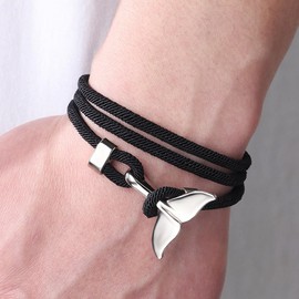 Dmaiy Whale Tail Bracelet Vintage Beach Bracelets Summer Ocean Bracelet Rope Jewelry for Women and Men Gift (Black Rope Silver Fish Tail)